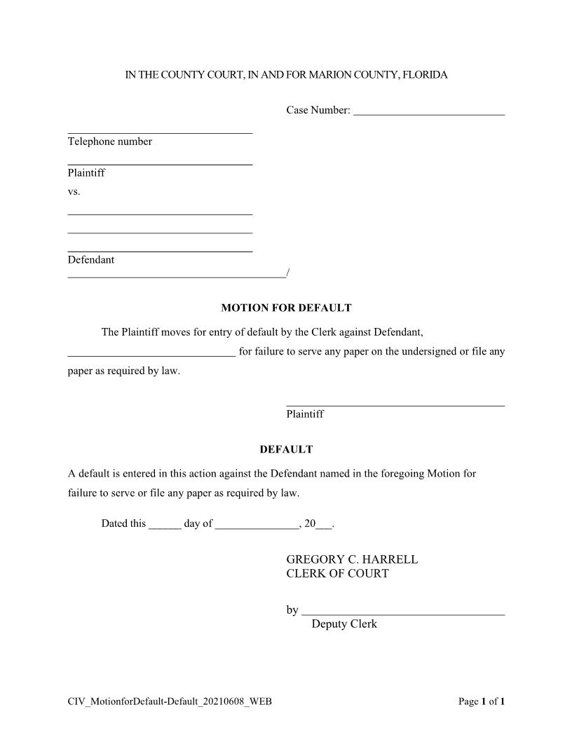 Motion For Default And Default | Pdf Fpdf Doc Docx | Florida