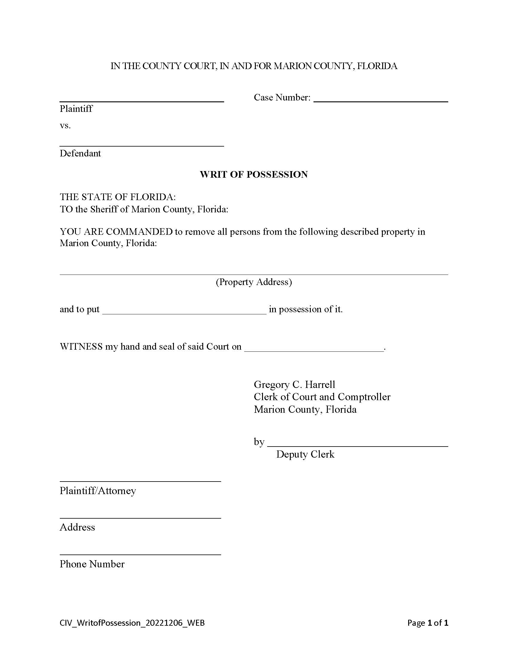 Writ Of Possession {MAR WoP} | Pdf Fpdf Docx | Florida