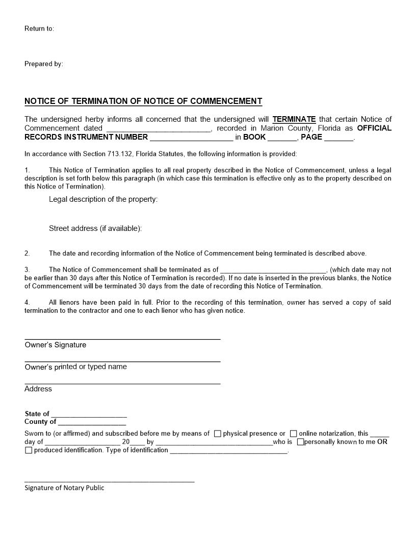 Notice Of Termination Of Notice Of Commencement | Pdf Fpdf Docx | Florida