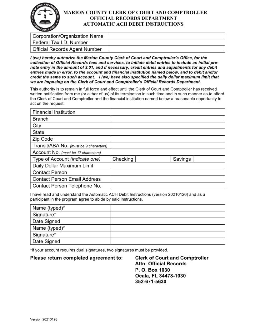 Official Records Department ACH Debit Authorization Agreement | Pdf Fpdf Docx | Florida