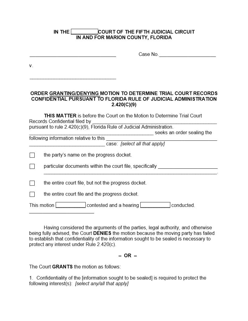 Order Granting-Denying Motion To Determine Trial Court Records Confidential | Pdf Fpdf Docx | Florida