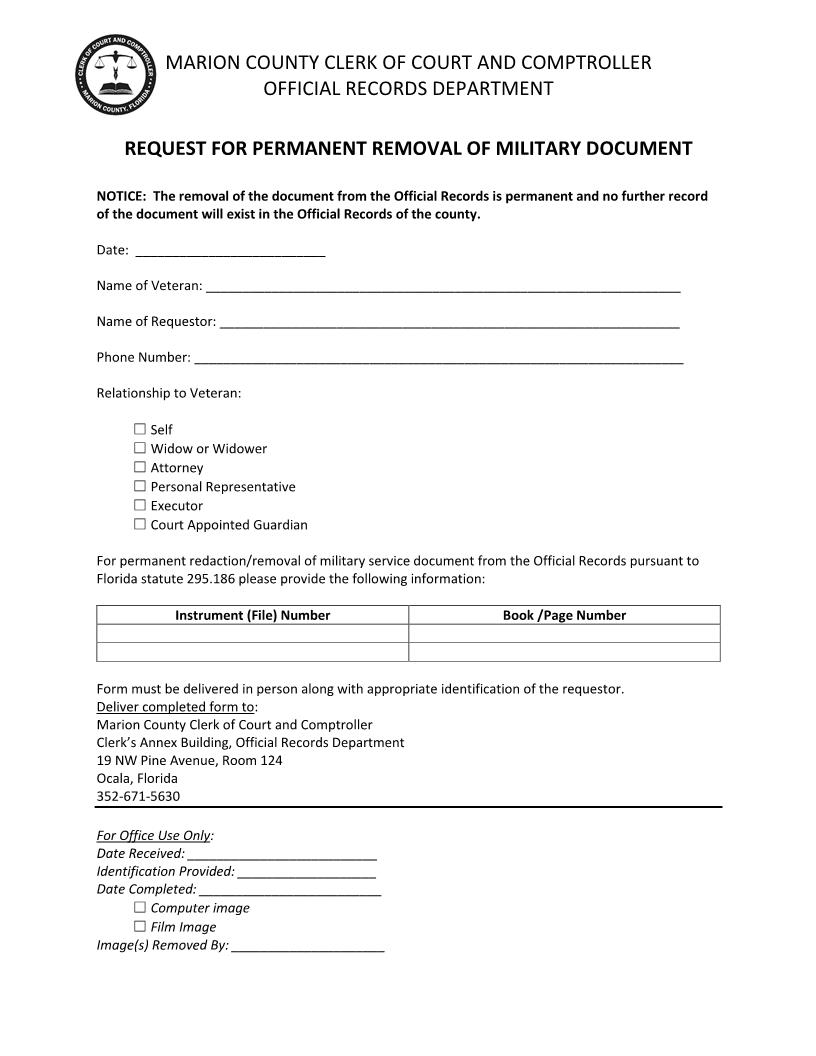 Request For Permanent Removal Of Military Document | Pdf Fpdf Docx | Florida