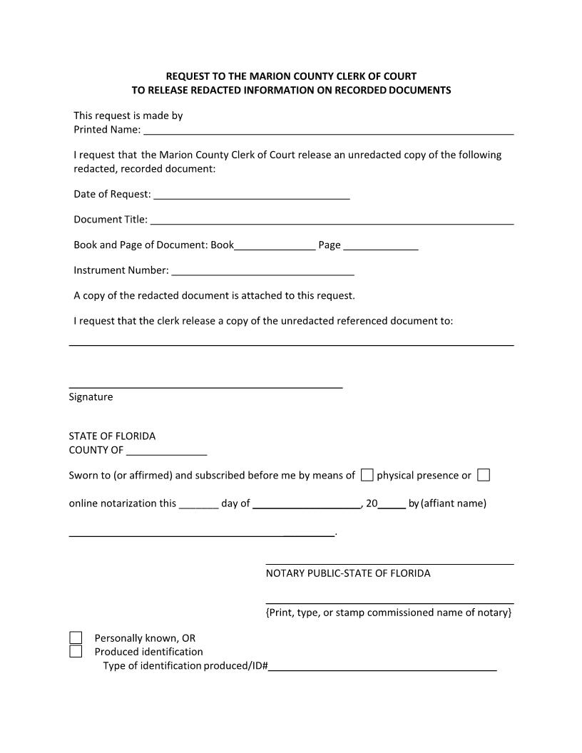 Request To Release Redacted Information On Recorded Documents | Pdf Fpdf Docx | Florida