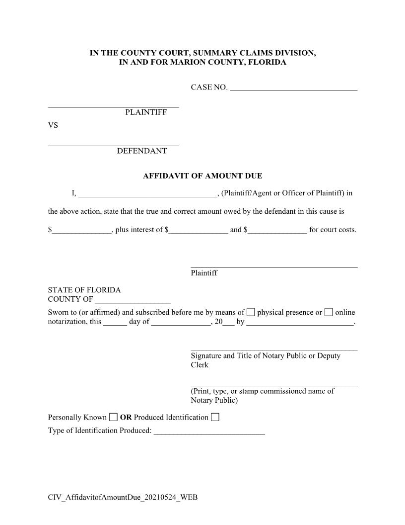 Affidavit Of Amount Due | Pdf Fpdf Doc Docx | Florida