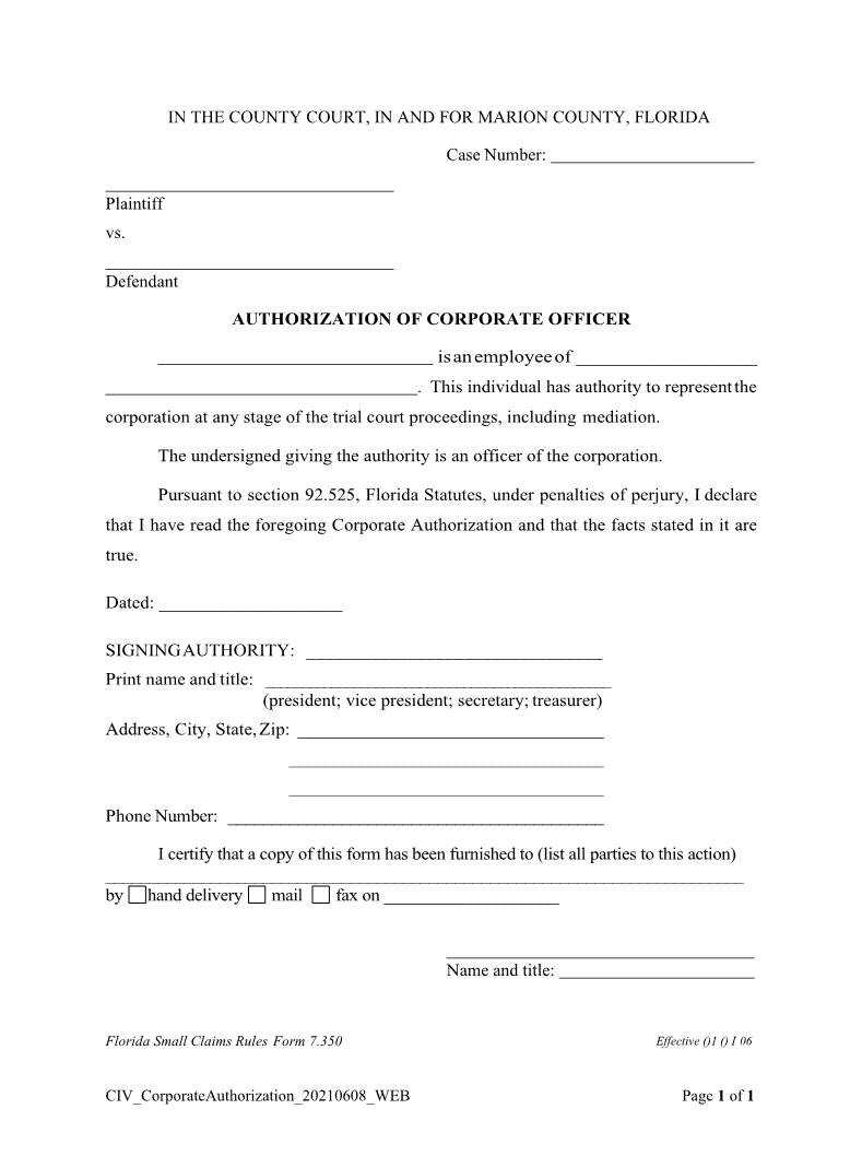 Authorization Of Corporate Officer | Pdf Fpdf Doc Docx | Florida