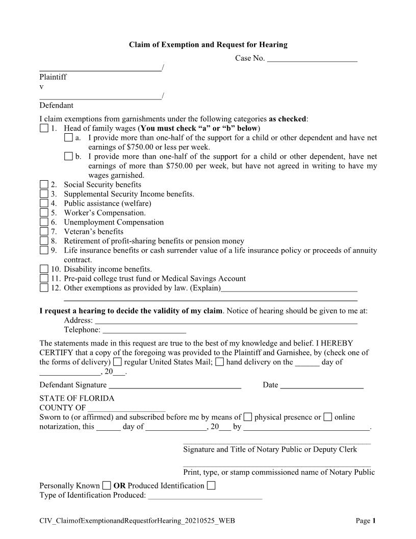 Claim Of Exemption And Request For Hearing | Pdf Fpdf Doc Docx | Florida