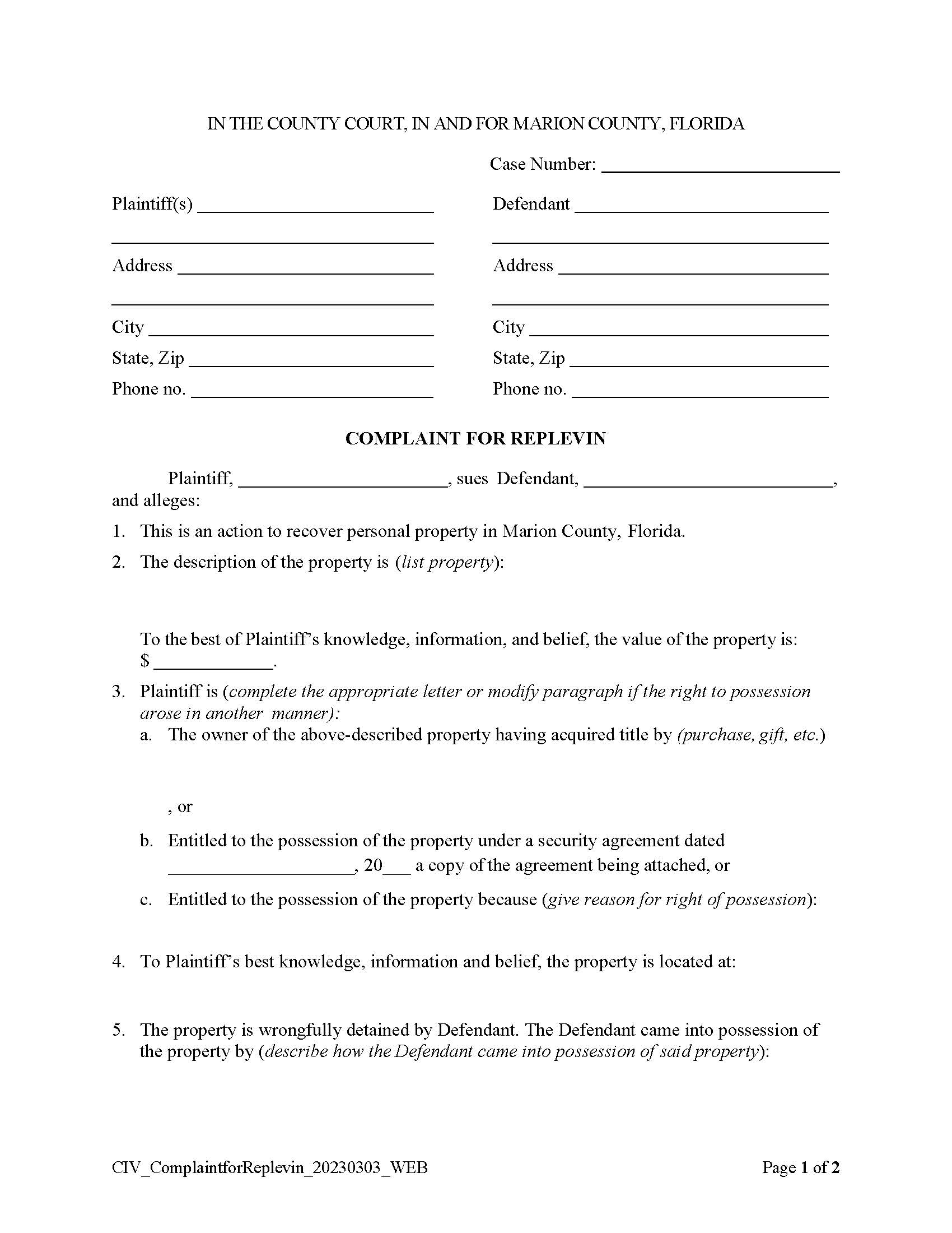 Complaint For Replevin | Pdf Fpdf Doc Docx | Florida