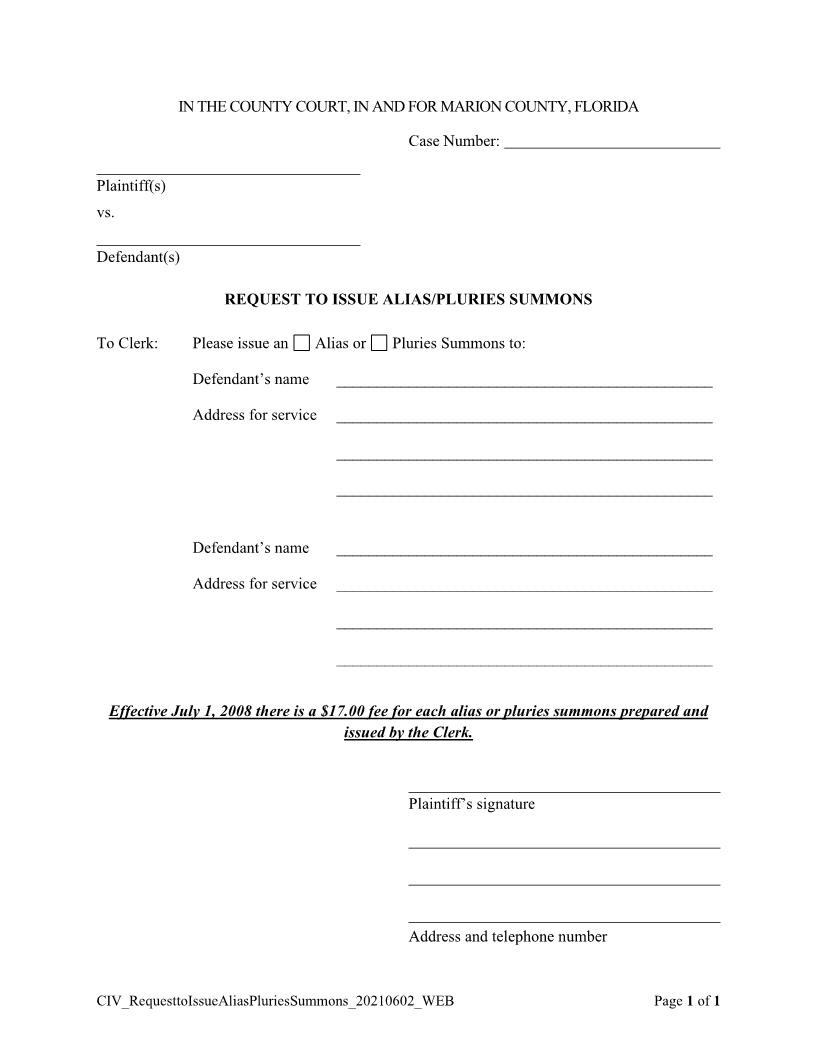 Request To Issue Alias Pluries Summons | Pdf Fpdf Docx | Florida