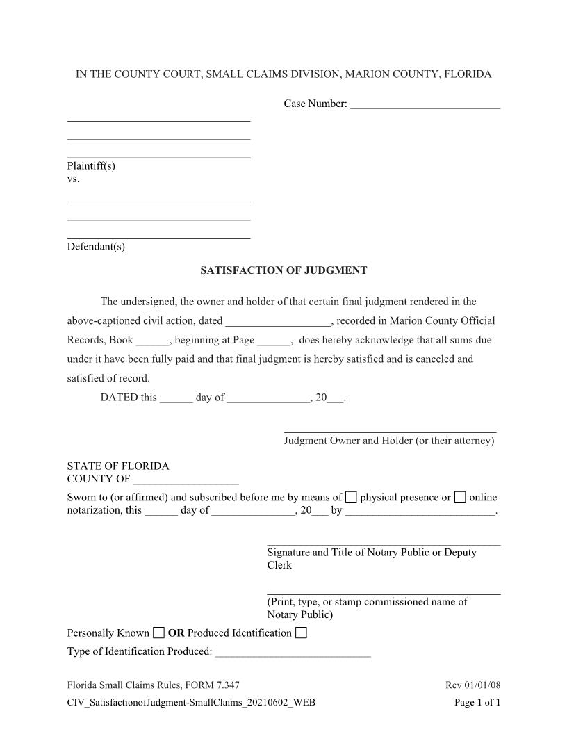 Satisfaction Of Judgment {7.347} | Pdf Fpdf Docx | Florida