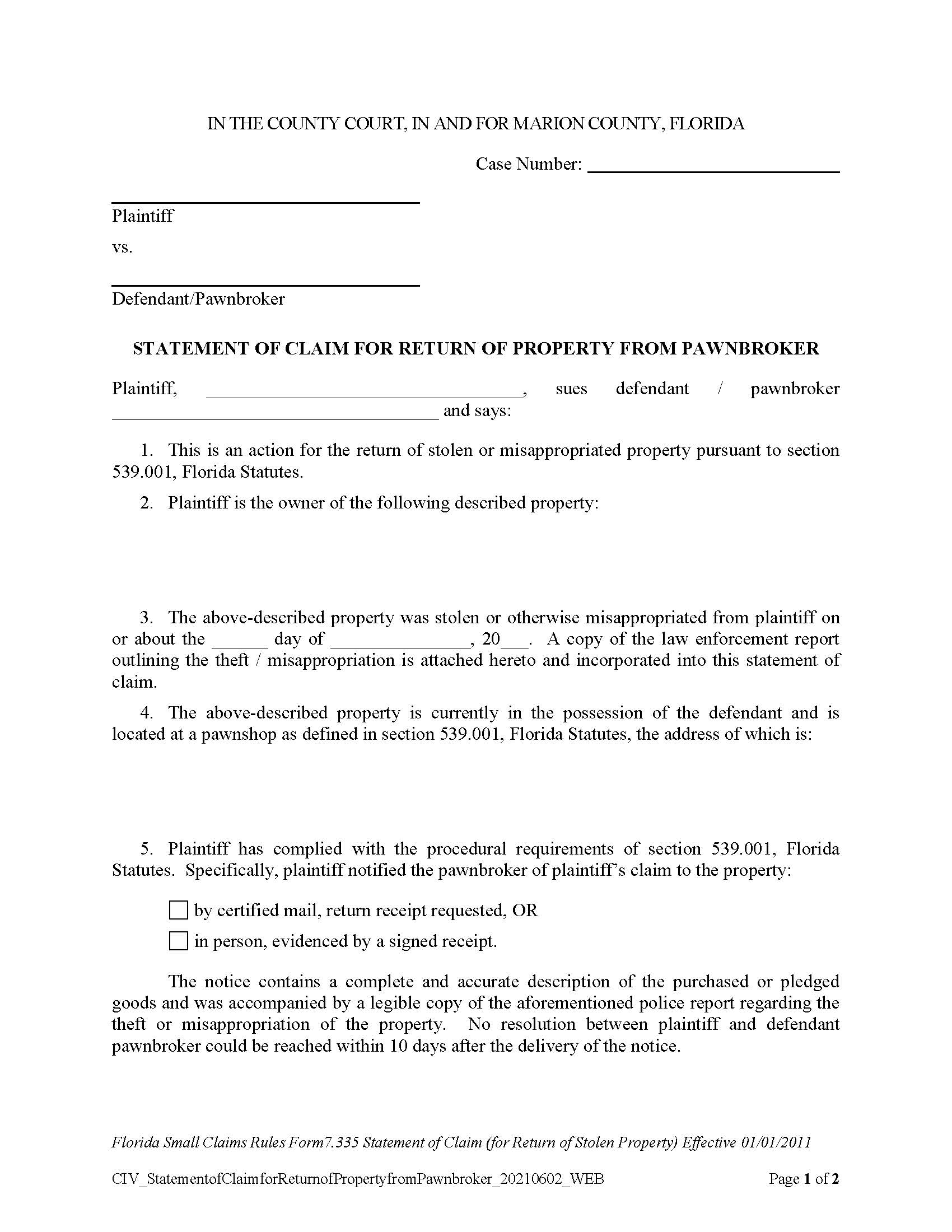 Statement Of Claim For Return Of Property From Pawnbroker | Pdf Fpdf Docx | Florida