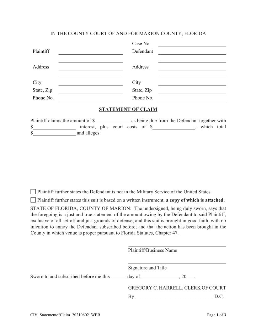 Statement Of Claim | Pdf Fpdf Doc Docx | Florida
