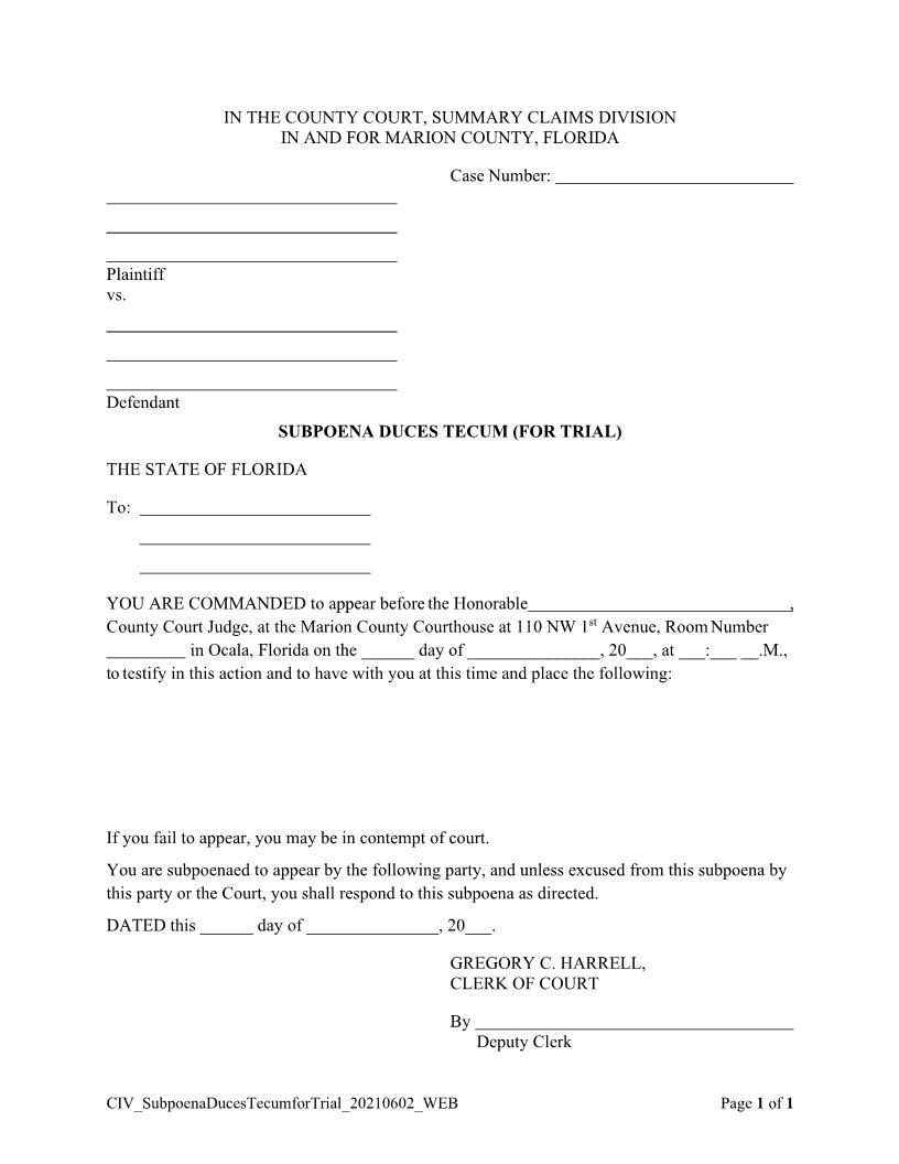 Subpoena Duces Tecum (For Trial) | Pdf Fpdf Doc Docx | Florida