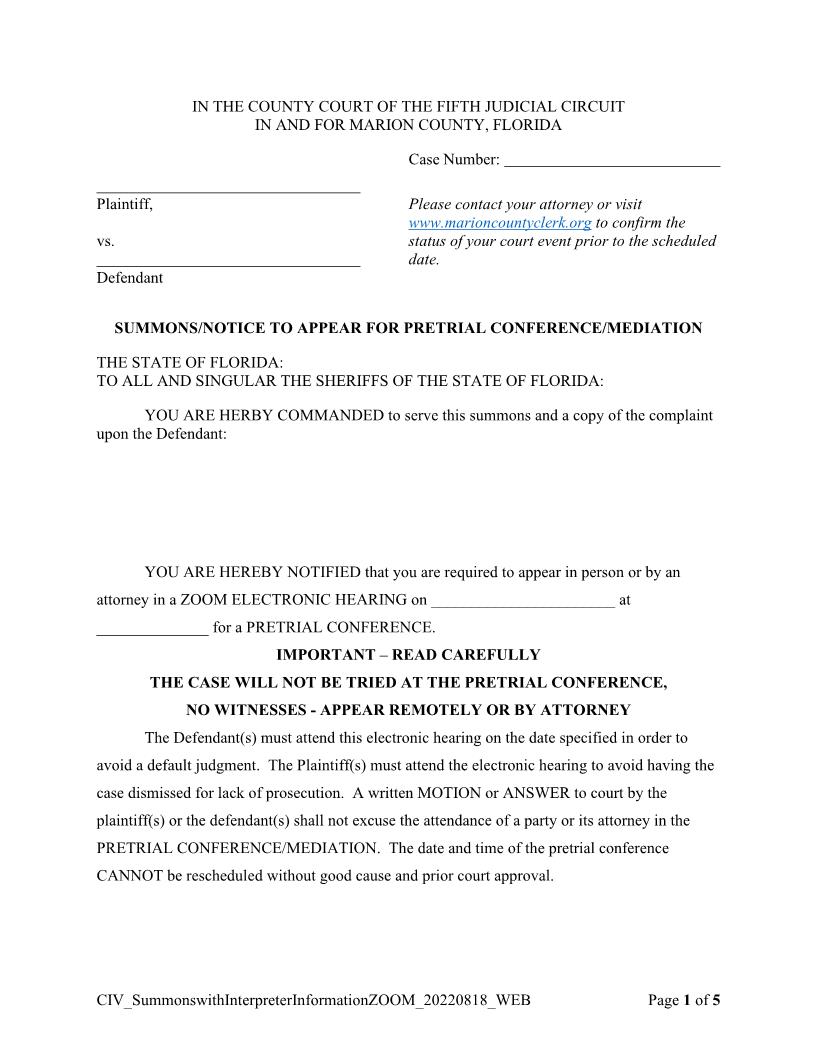Summons-Notice To Appear Zoom Pretrial Conference-Mediation (With Interpreter Information) | Pdf Fpdf Docx | Florida