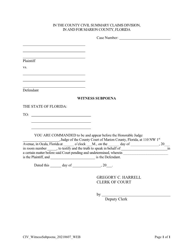 Witness Subpoena | Pdf Fpdf Docx | Florida