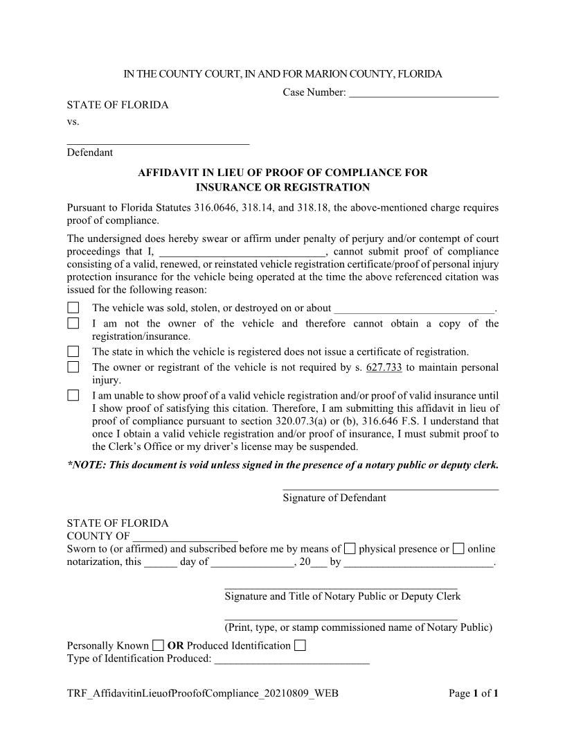 Affidavit In Leu Of Proof Of Compliance | Pdf Fpdf Doc Docx | Florida