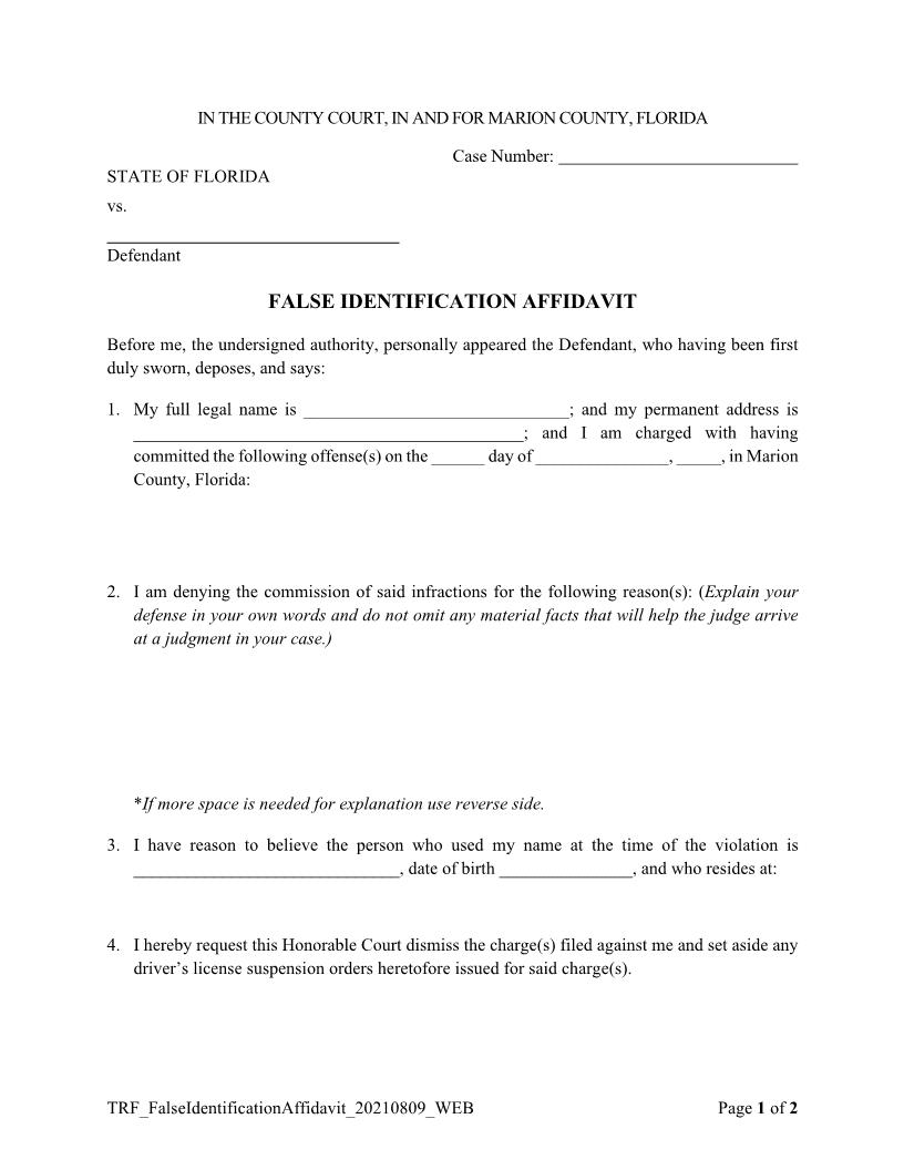 False Identification Affidavit | Pdf Fpdf Docx | Florida