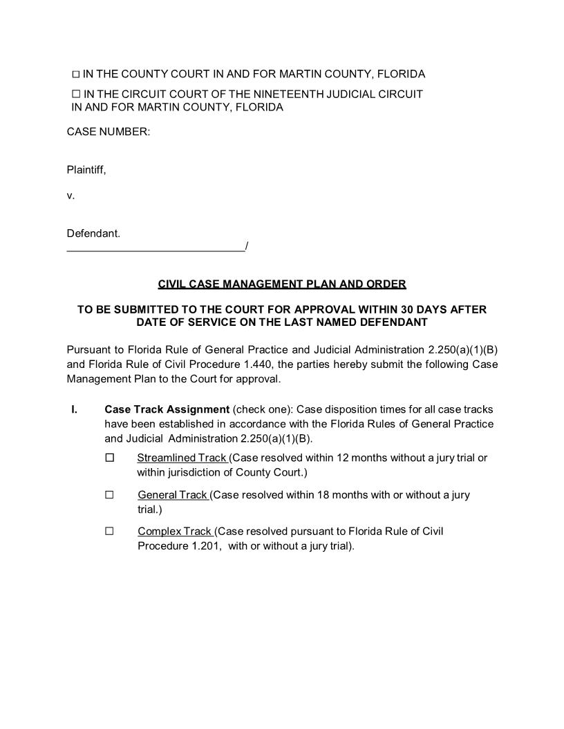 Civil Case Management Plan And Order {Mar CCMPO} | Pdf Fpdf Docx | Florida