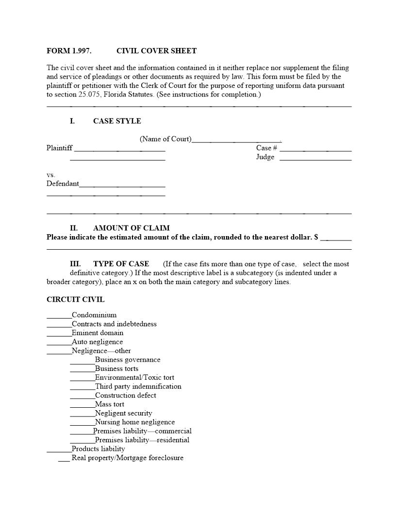 Civil Cover Sheet | Pdf Fpdf Docx | Florida