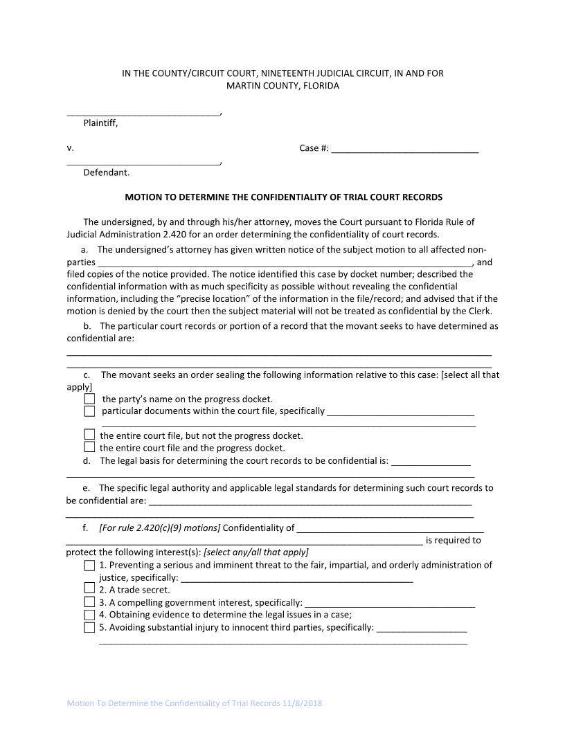 Motion To Determine The Confidentiality Of Trial Records | Pdf Fpdf Docx | Florida