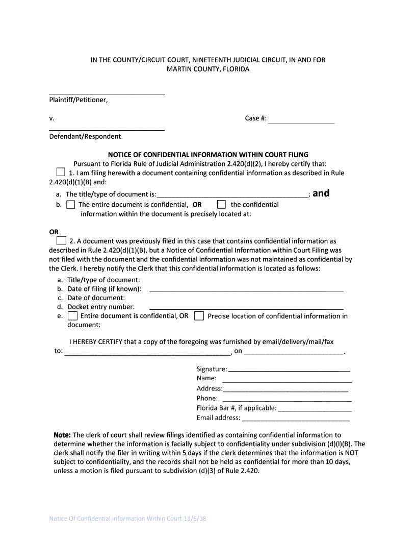 Notice Of Confidential Information Within Court Filing | Pdf Fpdf Docx | Florida