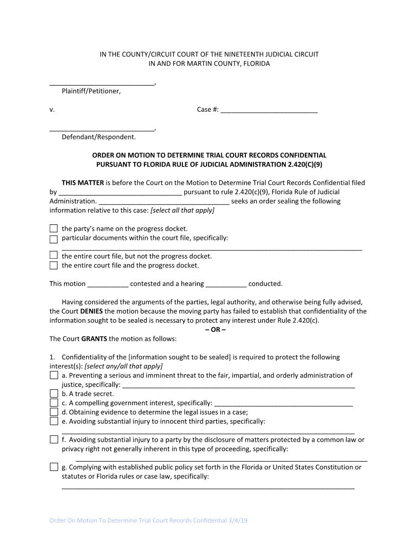Order On Motion To Determine Trial Court Records Confidential | Pdf Fpdf Docx | Florida