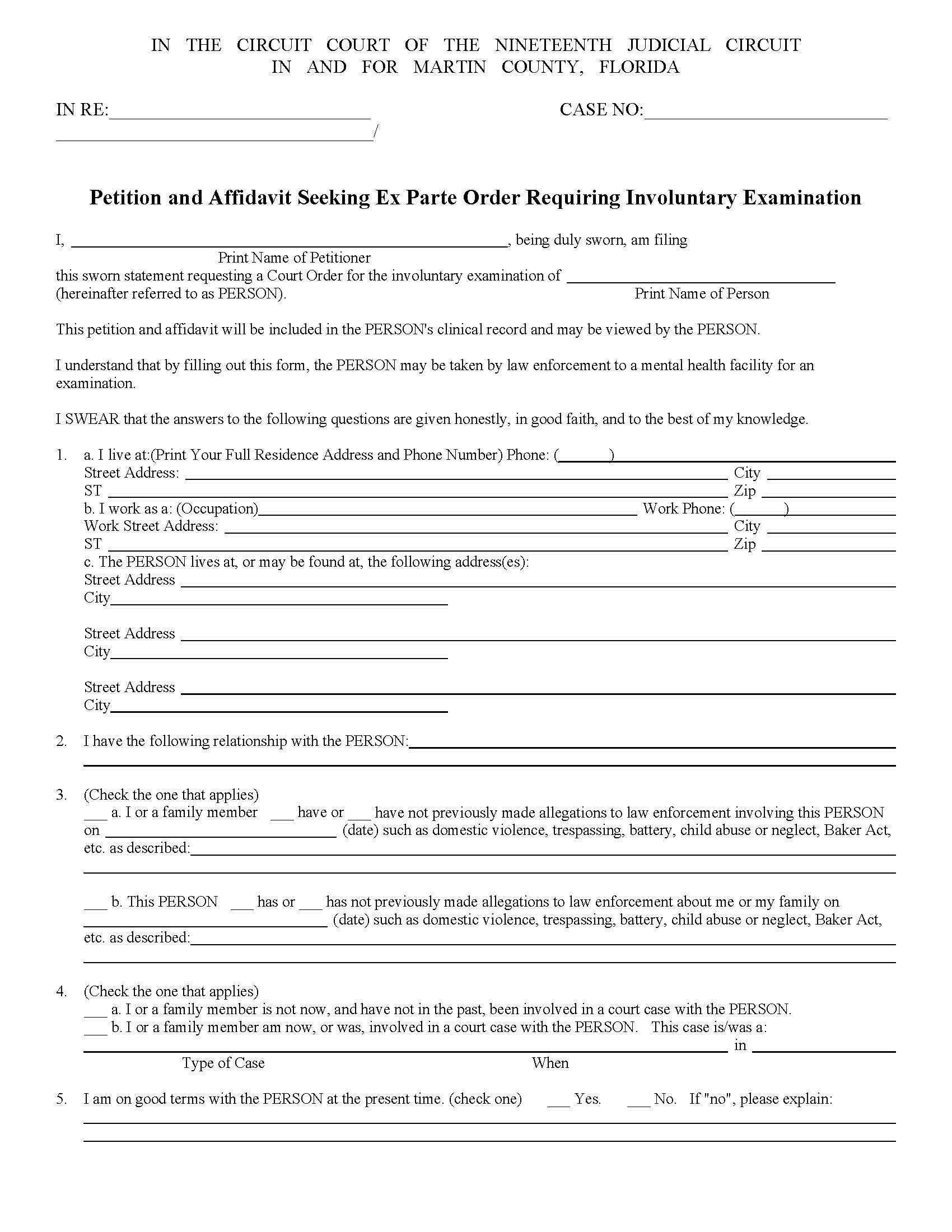 Petition And Affidavit Ex Parte Order Requiring Involuntary Examination (Baker Act) | Pdf Fpdf Docx | Florida