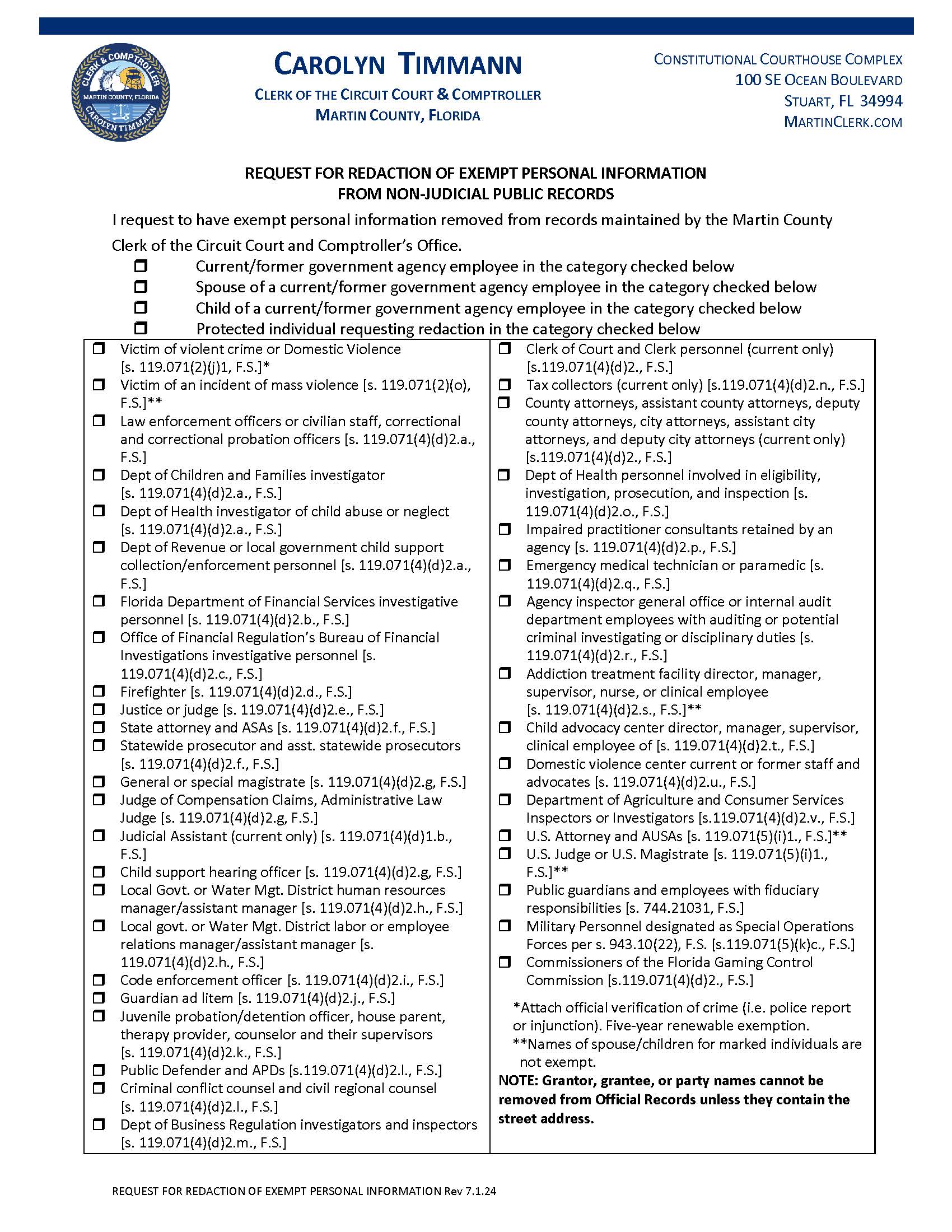 Request For Redaction Of Exempt Personal Information Non-Judicial Records | Pdf Fpdf Docx | Florida