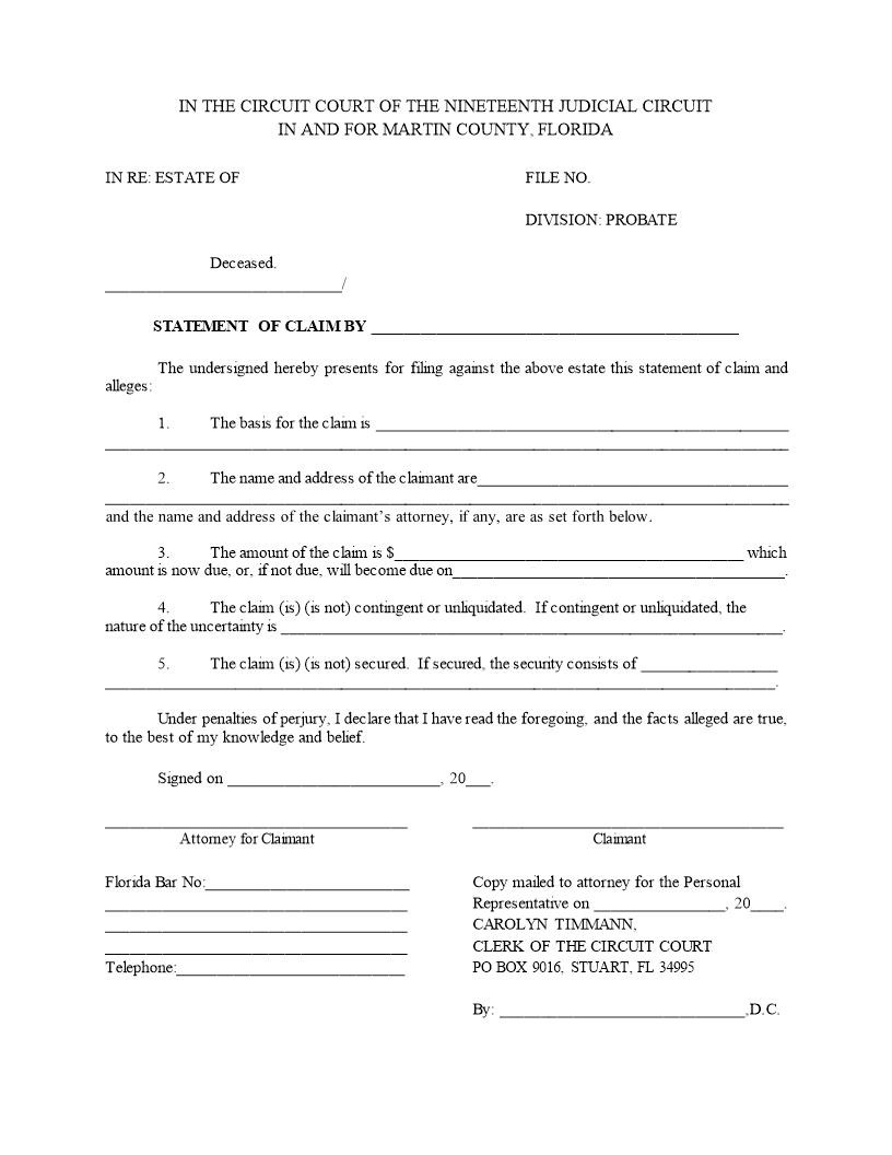 Statement of Claim (Probate) | Pdf Fpdf Docx | Florida