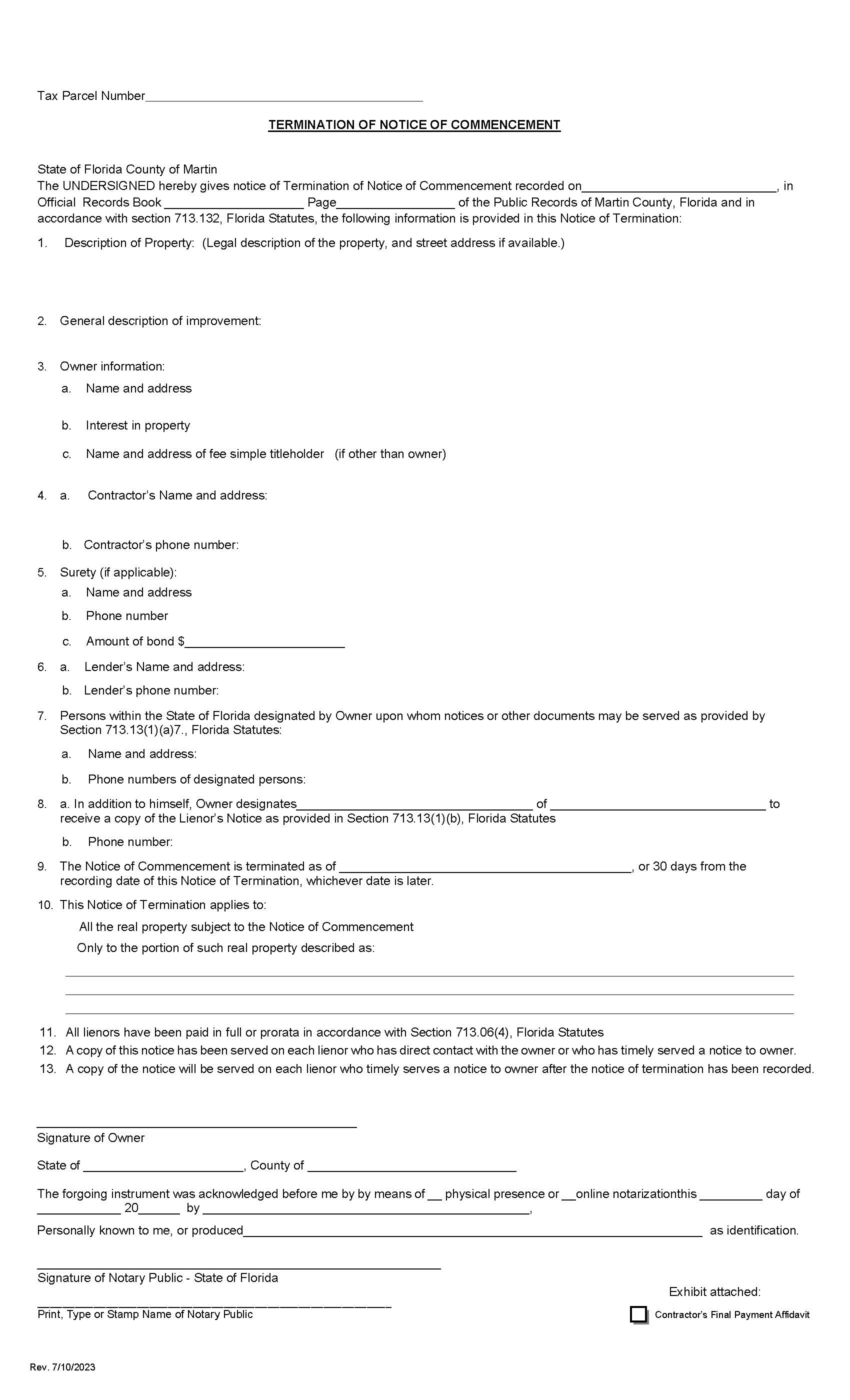 Termination Of Notice Of Commencement | Pdf Fpdf Docx | Florida