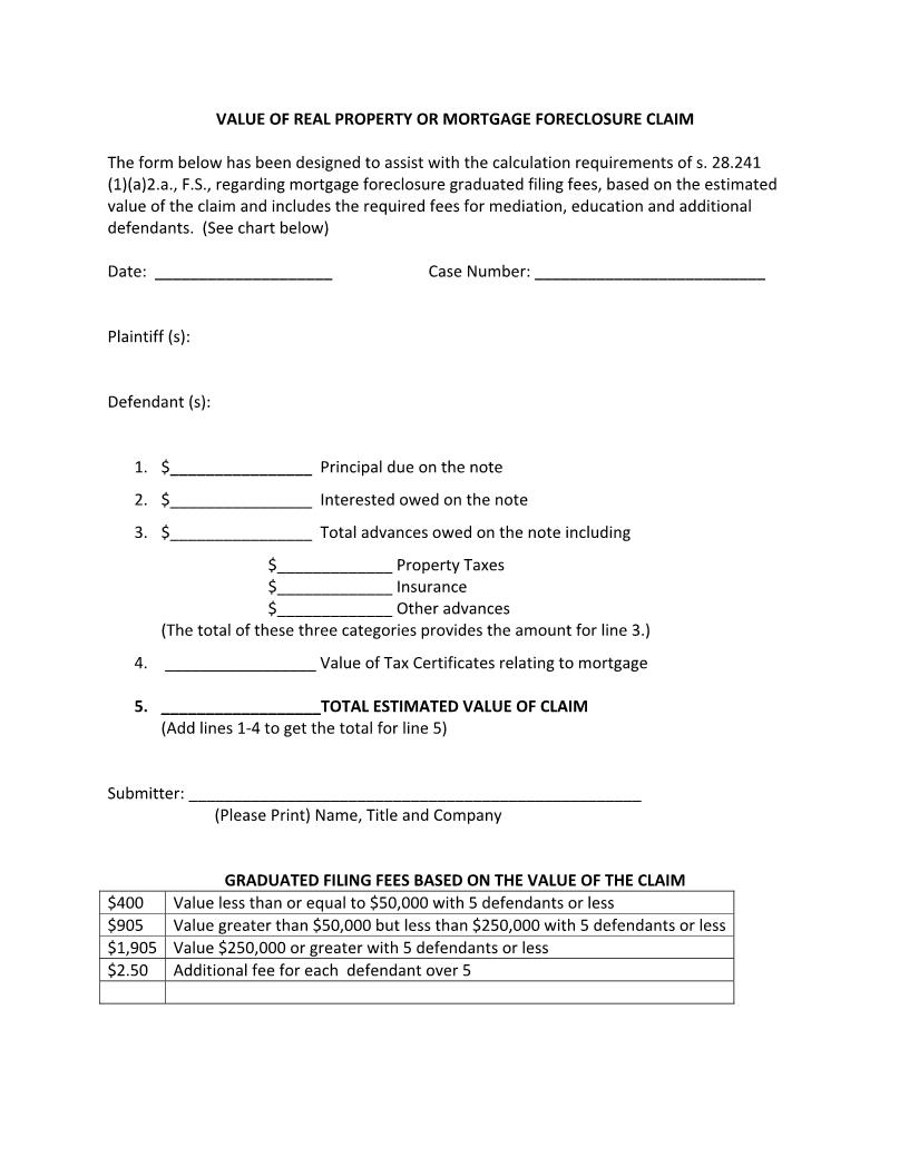 Value Of Real Property Or Mortgage Foreclosure Claim | Pdf Fpdf Docx | Florida