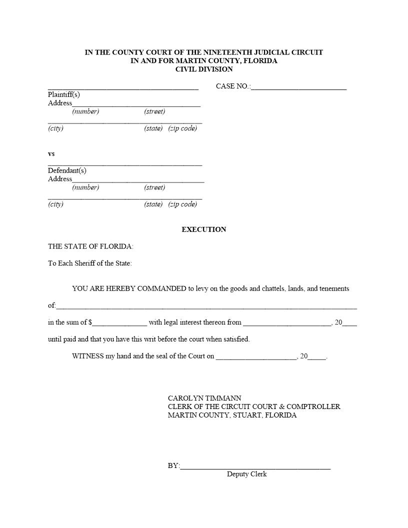 Execution (Writ Of) | Pdf Fpdf Docx | Florida