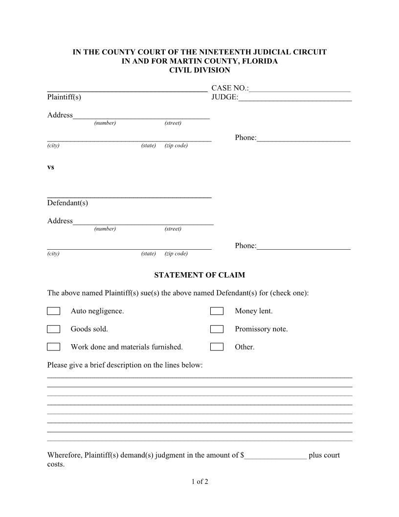 Statement Of Claim | Pdf Fpdf Docx | Florida