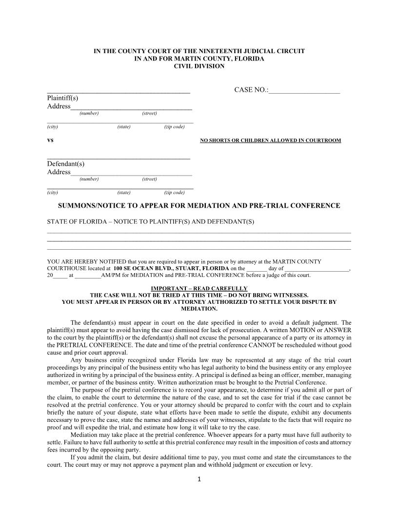 Summons-Notice To Appear For Mediation And Pre-Trial Conference | Pdf Fpdf Doc Docx | Florida