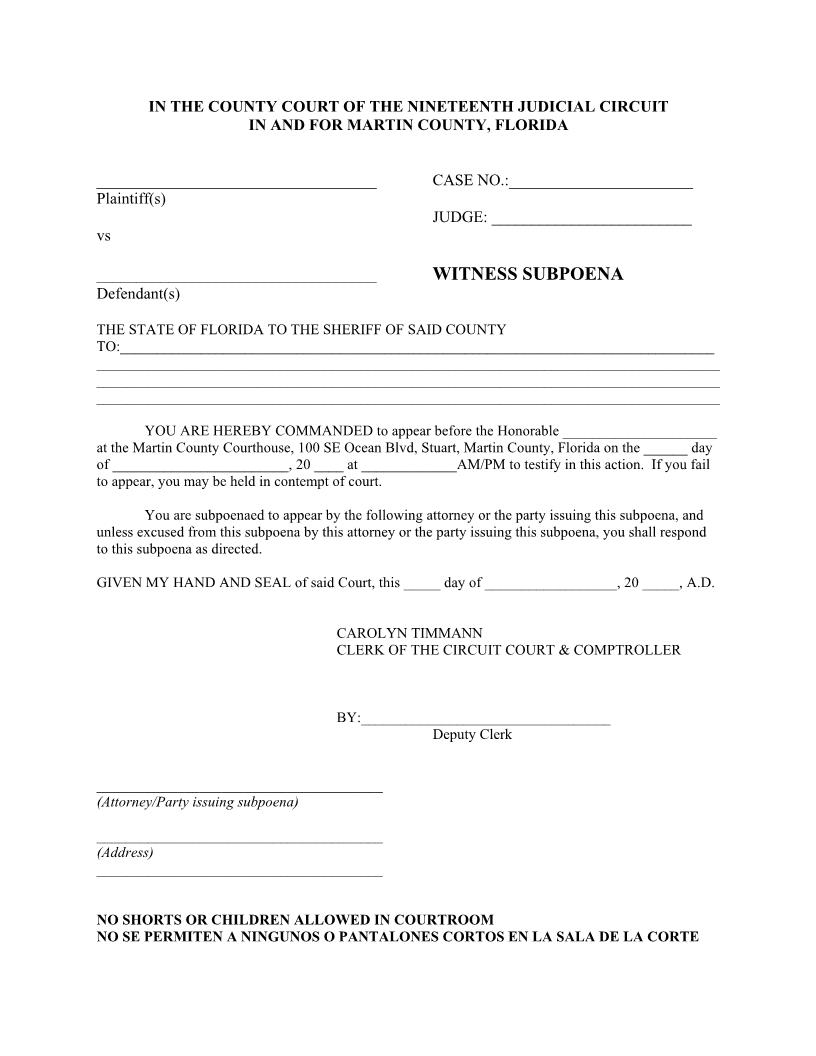 Witness Subpoena | Pdf Fpdf Docx | Florida