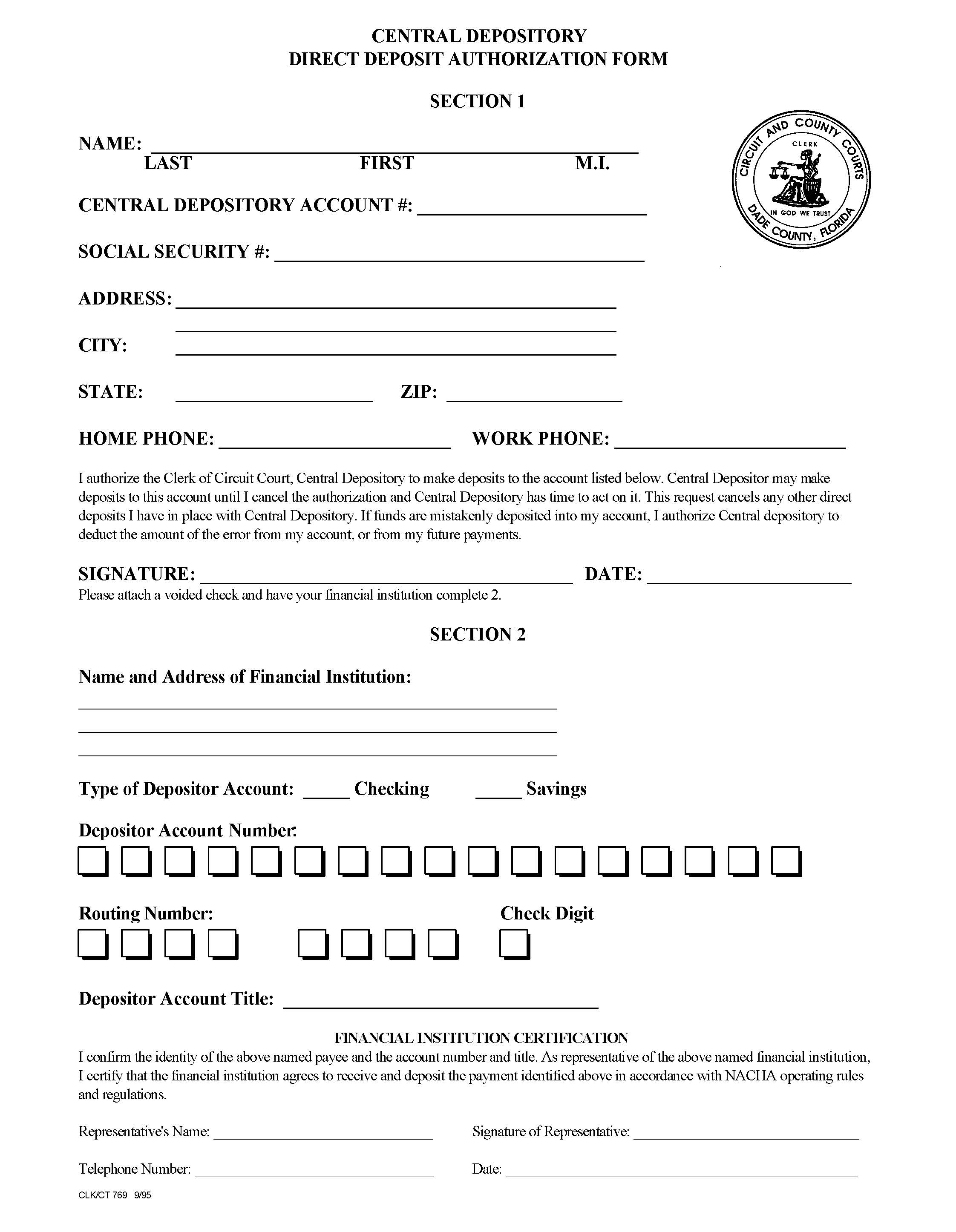 Depository Direct Deposit Authorization Form {769} | Pdf Fpdf Doc Docx | Florida