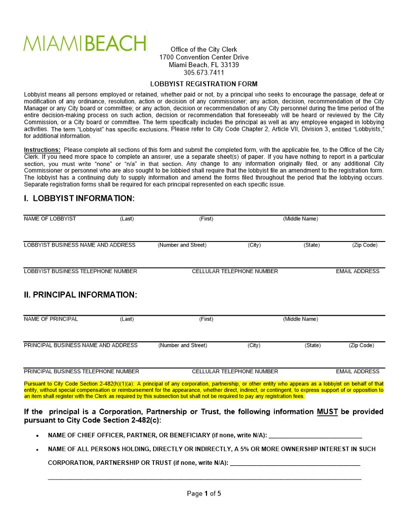 Lobbyist Registration Form | Pdf Fpdf Docx | Florida