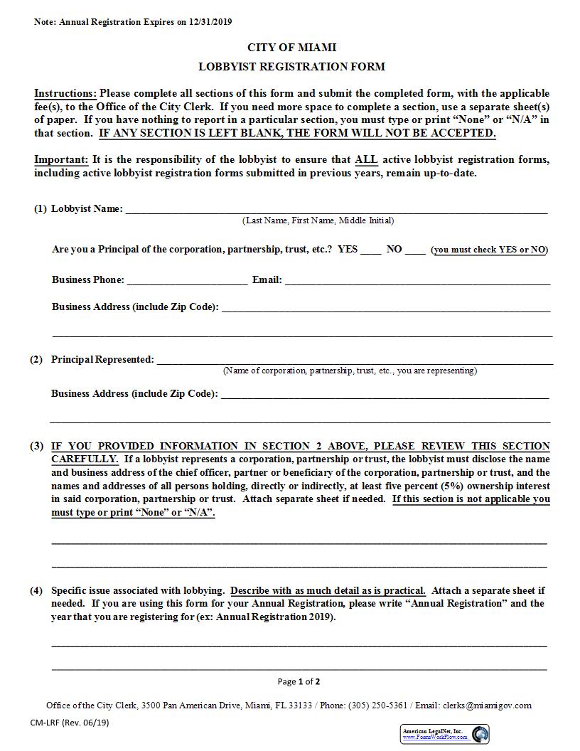 Lobbyist Registration Form | Pdf Fpdf Docx | Florida