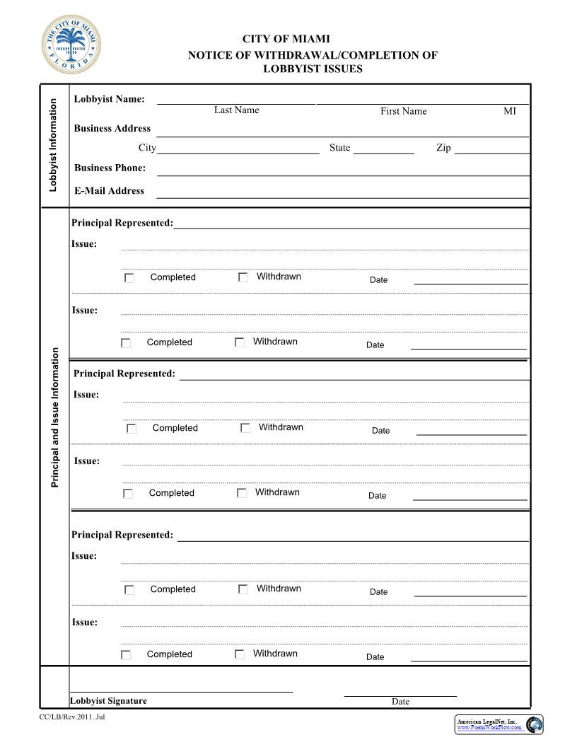 Notice Of Withdrawal-Completion Of Lobbyist Issues | Pdf Fpdf Docx | Florida