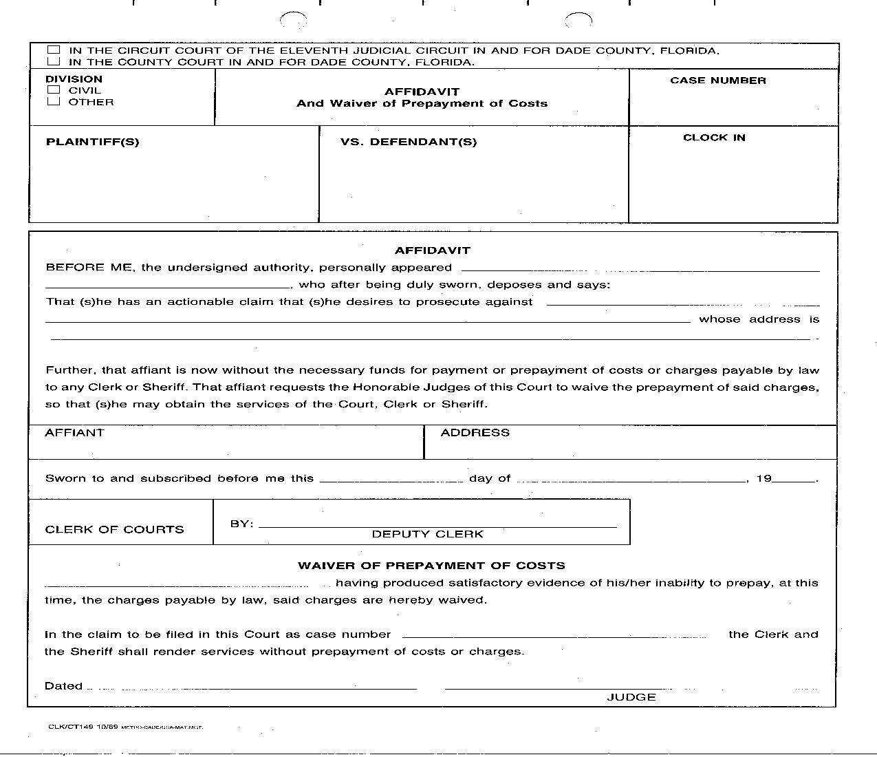 Affidavit And Waiver Of Prepayment Of Costs {149} | Pdf Fpdf Doc Docx | Florida