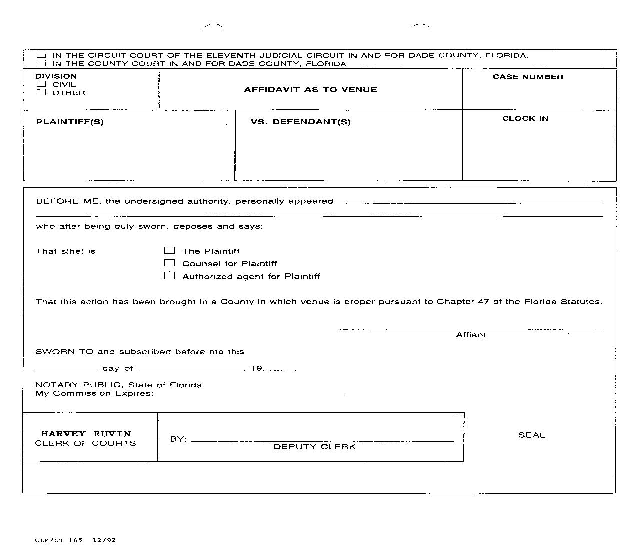 Affidavit As To Venue {165} | Pdf Fpdf Doc Docx | Florida