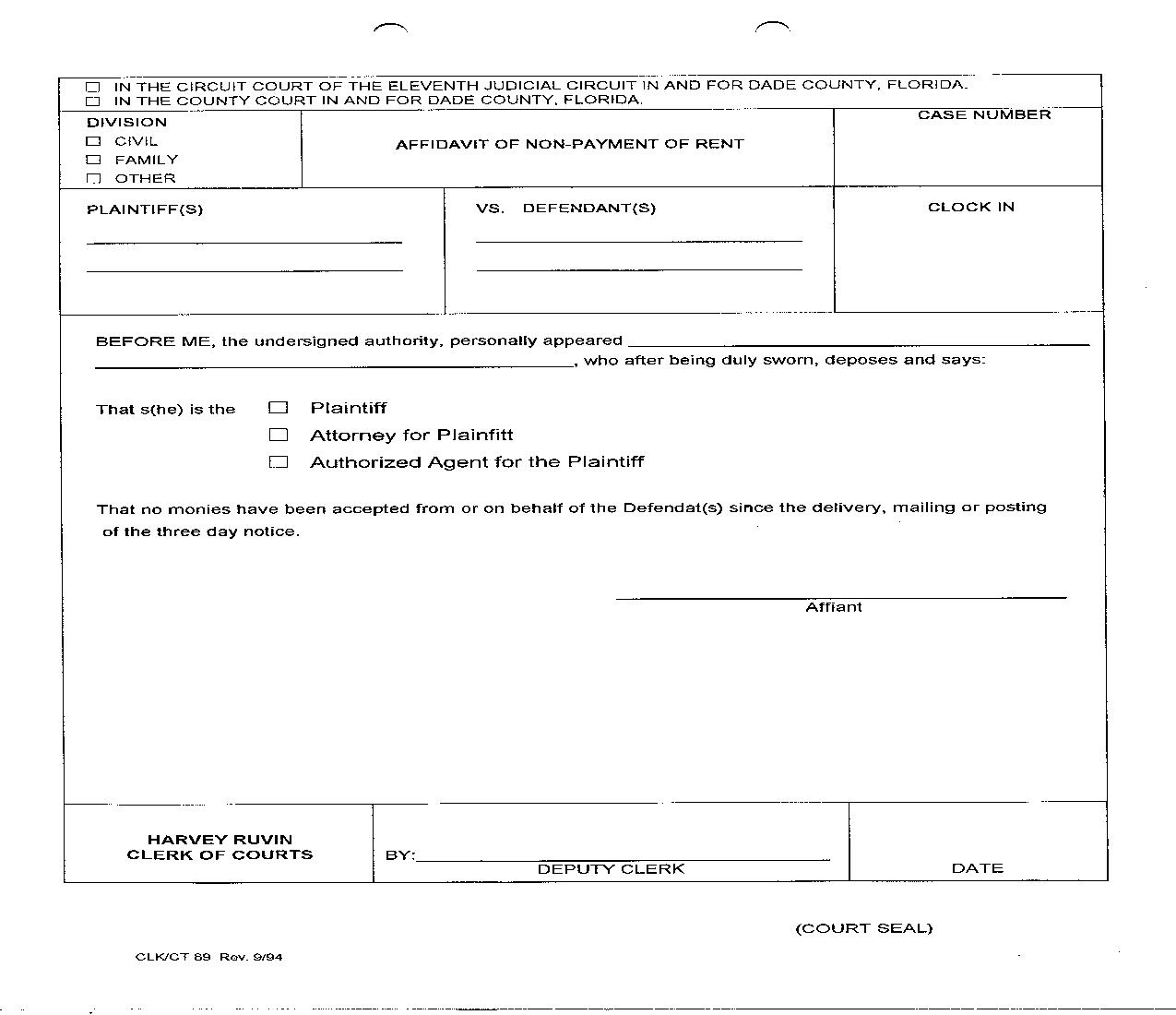 Affidavit Of Non Payment Of Rent {89} | Pdf Fpdf Doc Docx | Florida