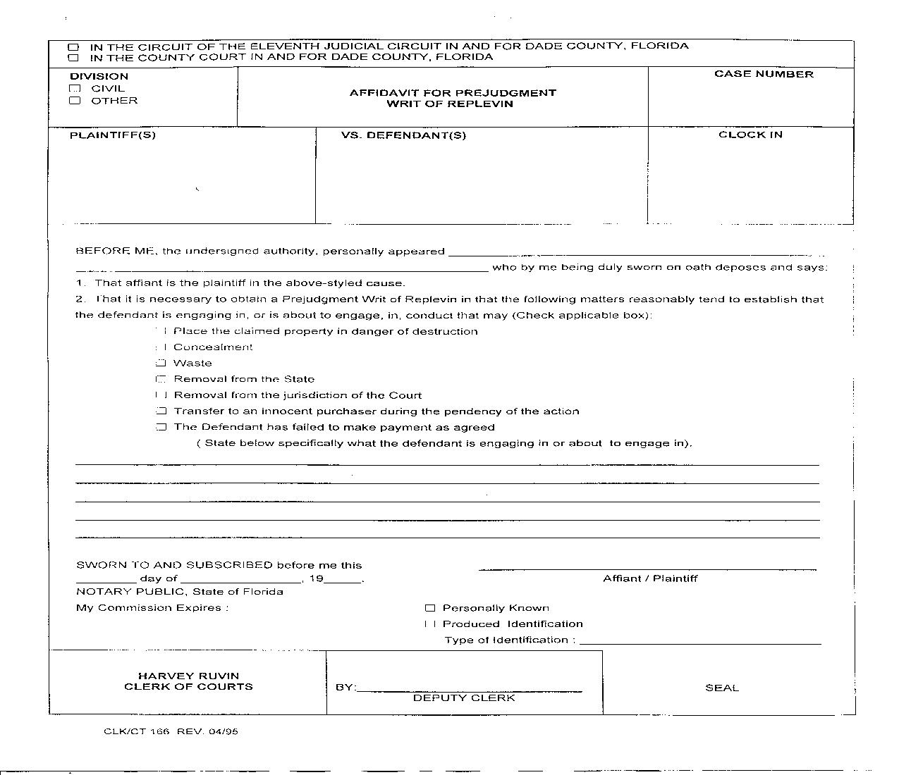 Affidavit Prejudgment Writ Of Replevin {166} | Pdf Fpdf Doc Docx | Florida
