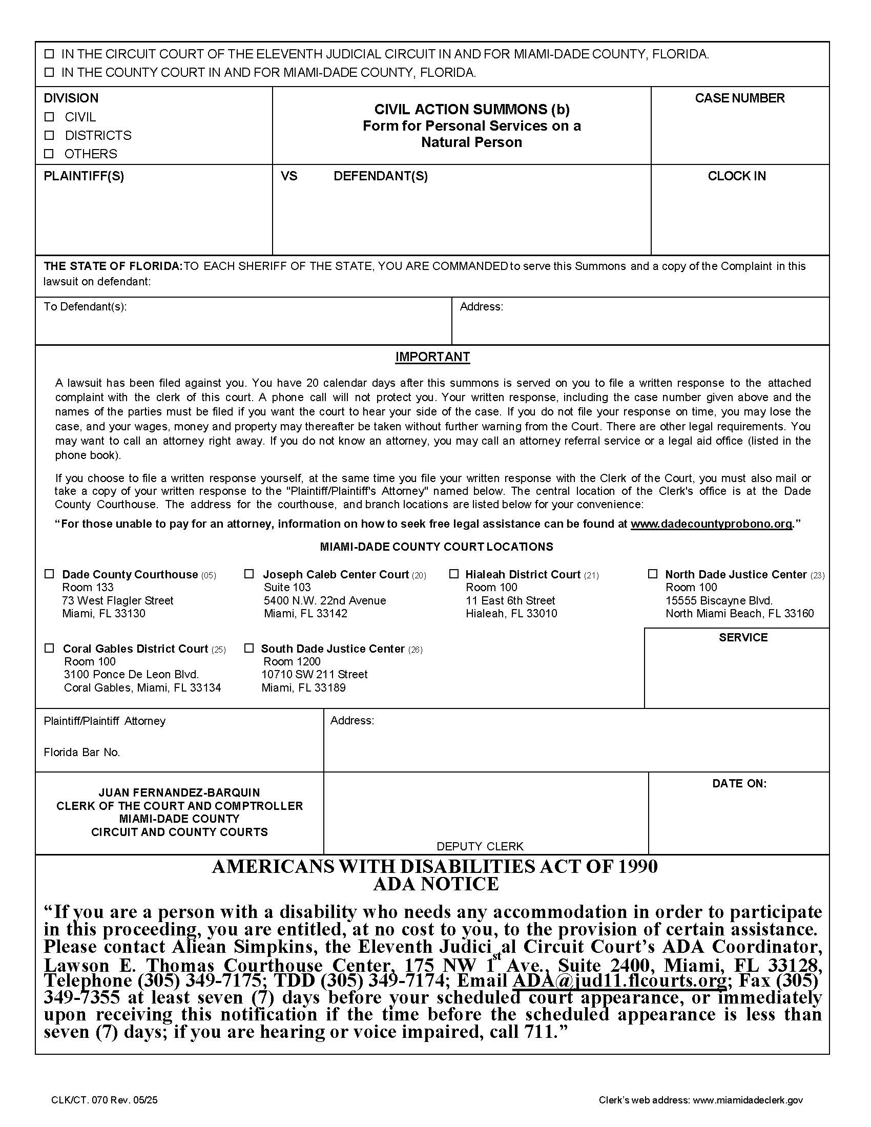 Civil Action Summons Personal Service On A Natural Person {070} | Pdf Fpdf Docx | Florida