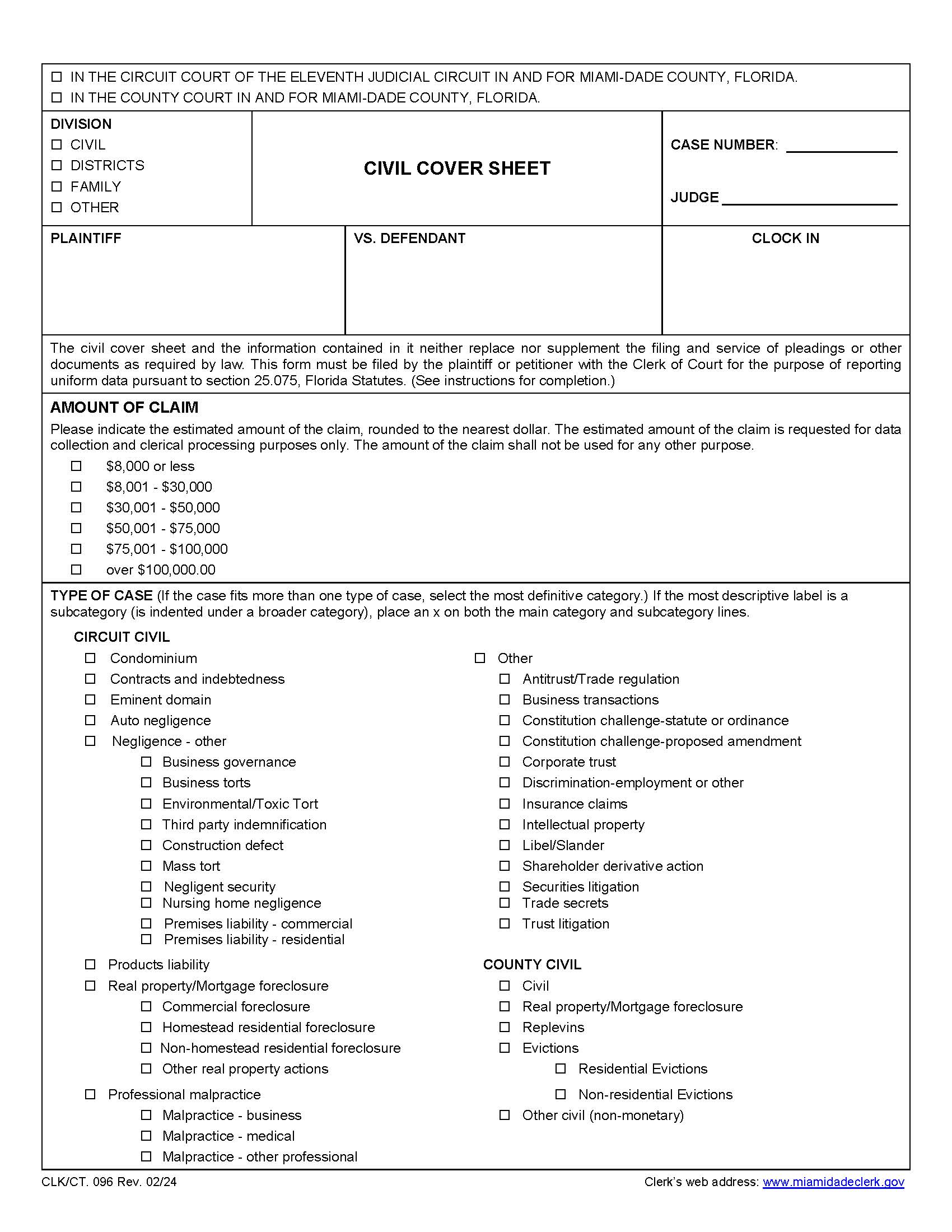 Civil Cover Sheet {096} | Pdf Fpdf Doc Docx | Florida