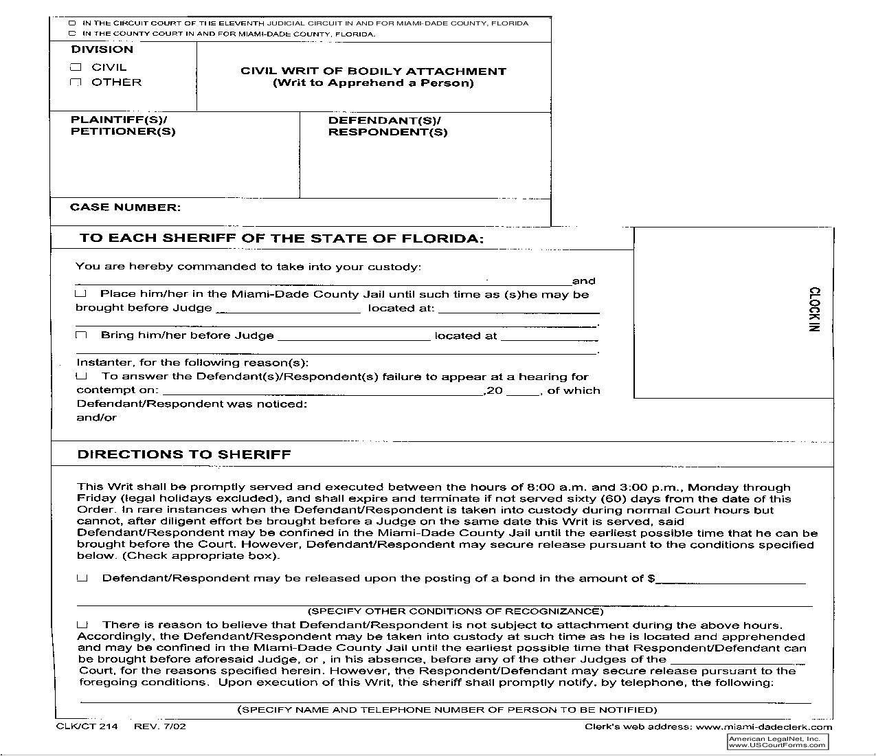 Civil Writ Of Bodily Attachment {214} | Pdf Fpdf Doc Docx | Florida