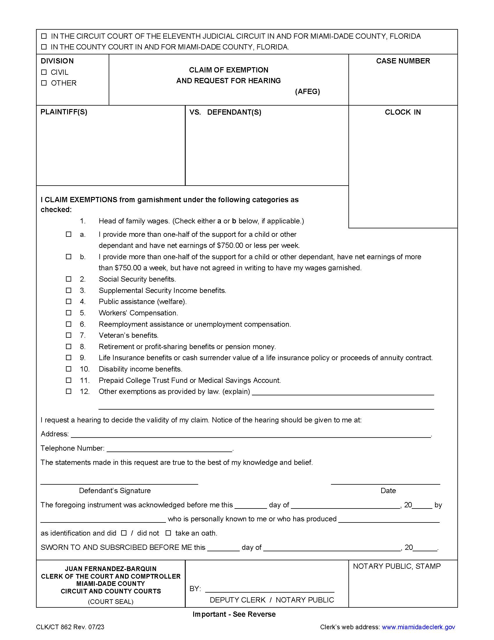 Claim Of Exemption And Request For Hearing {862} | Pdf Fpdf Docx | Florida