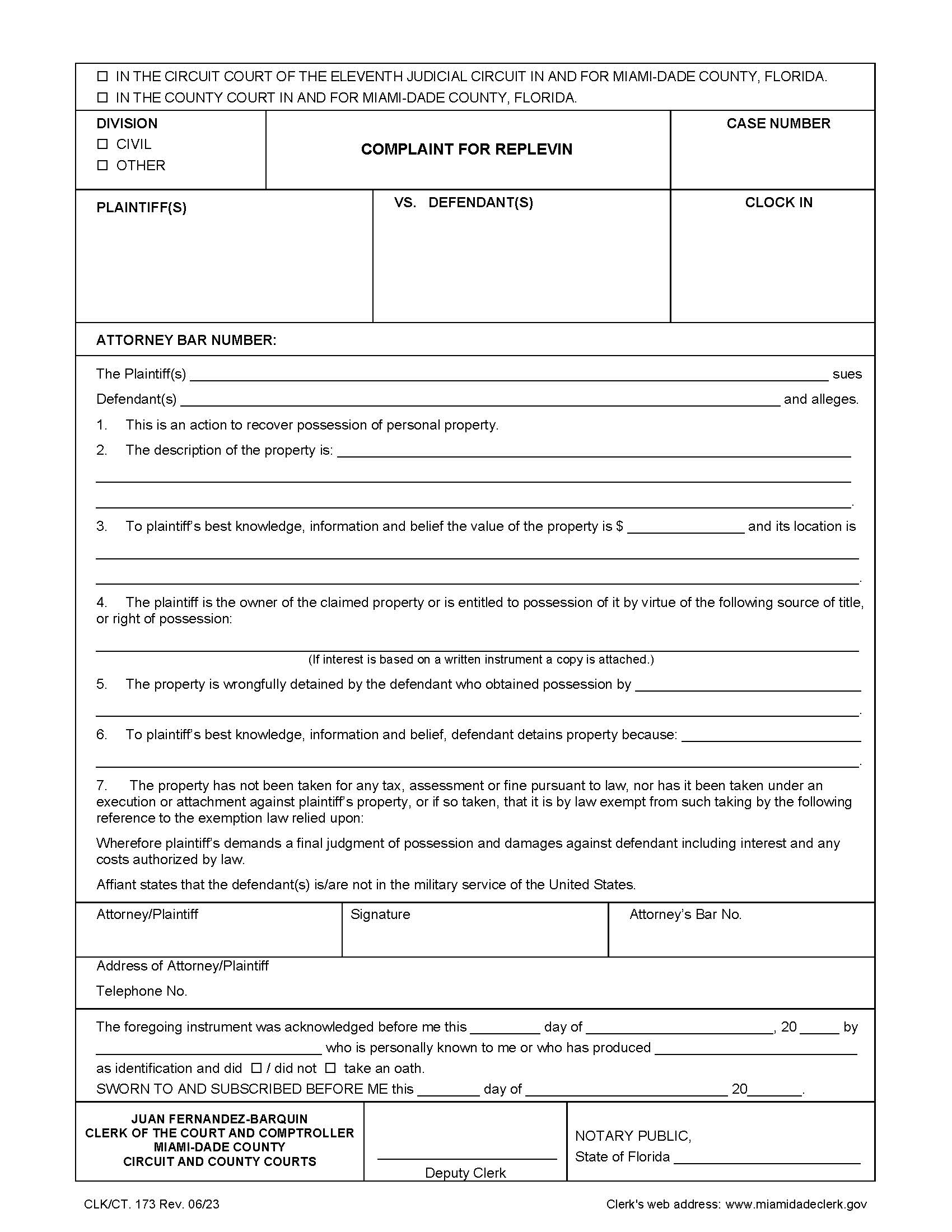 Complaint For Replevin {173} | Pdf Fpdf Doc Docx | Florida