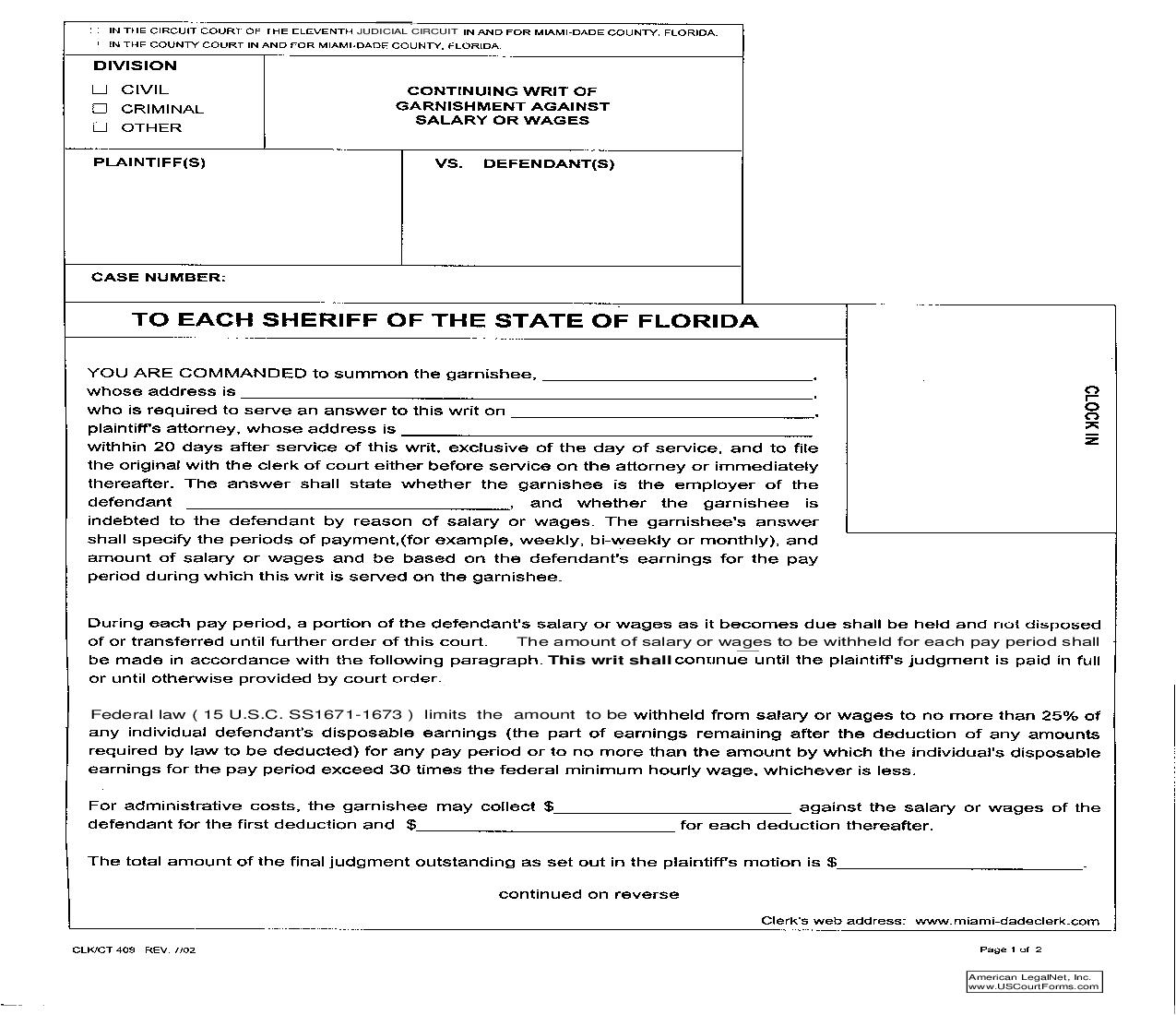Continuing Writ of Garnishment Against Salary Or Wages {409} | Pdf Fpdf Doc Docx | Florida