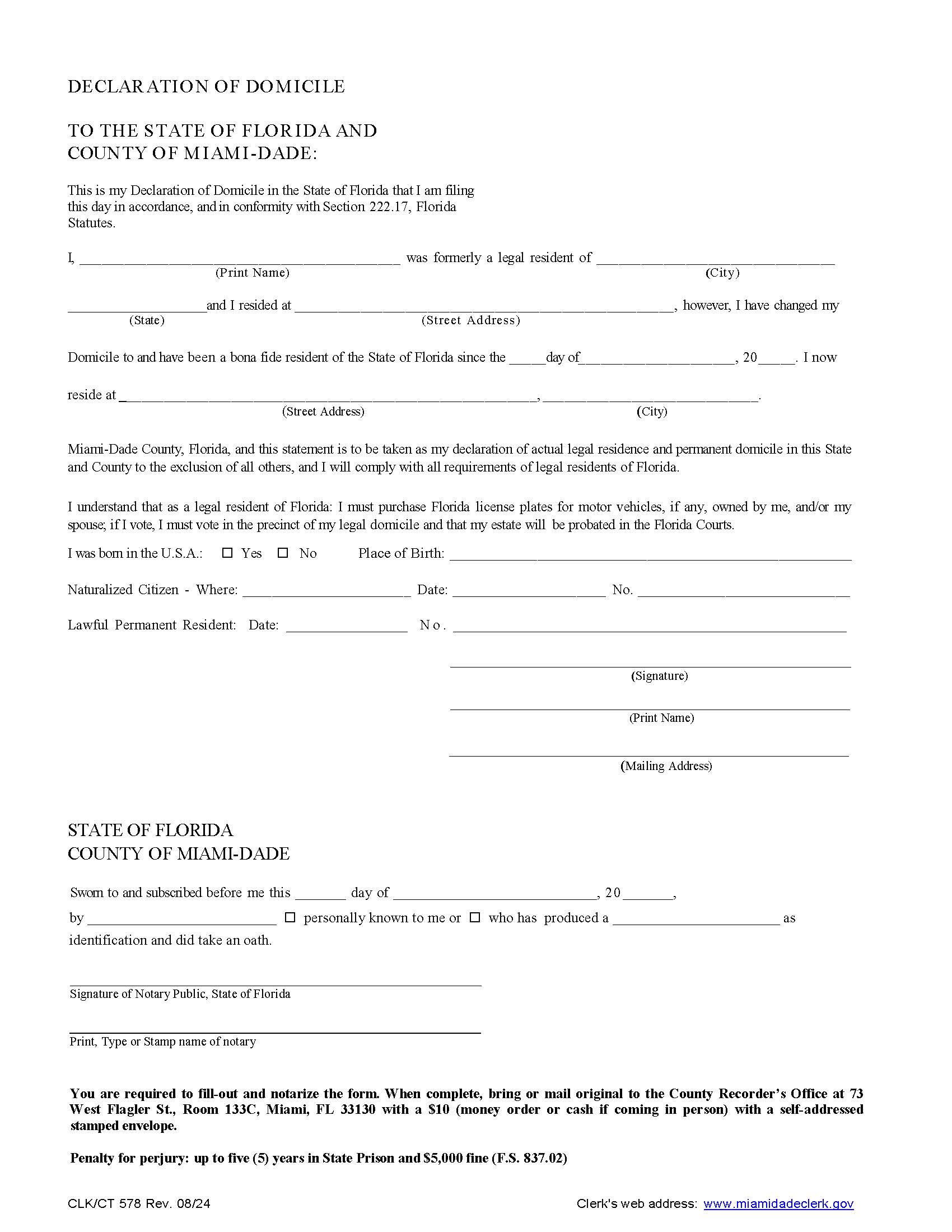Declaration Of Domicile {578} | Pdf Fpdf Doc Docx | Florida