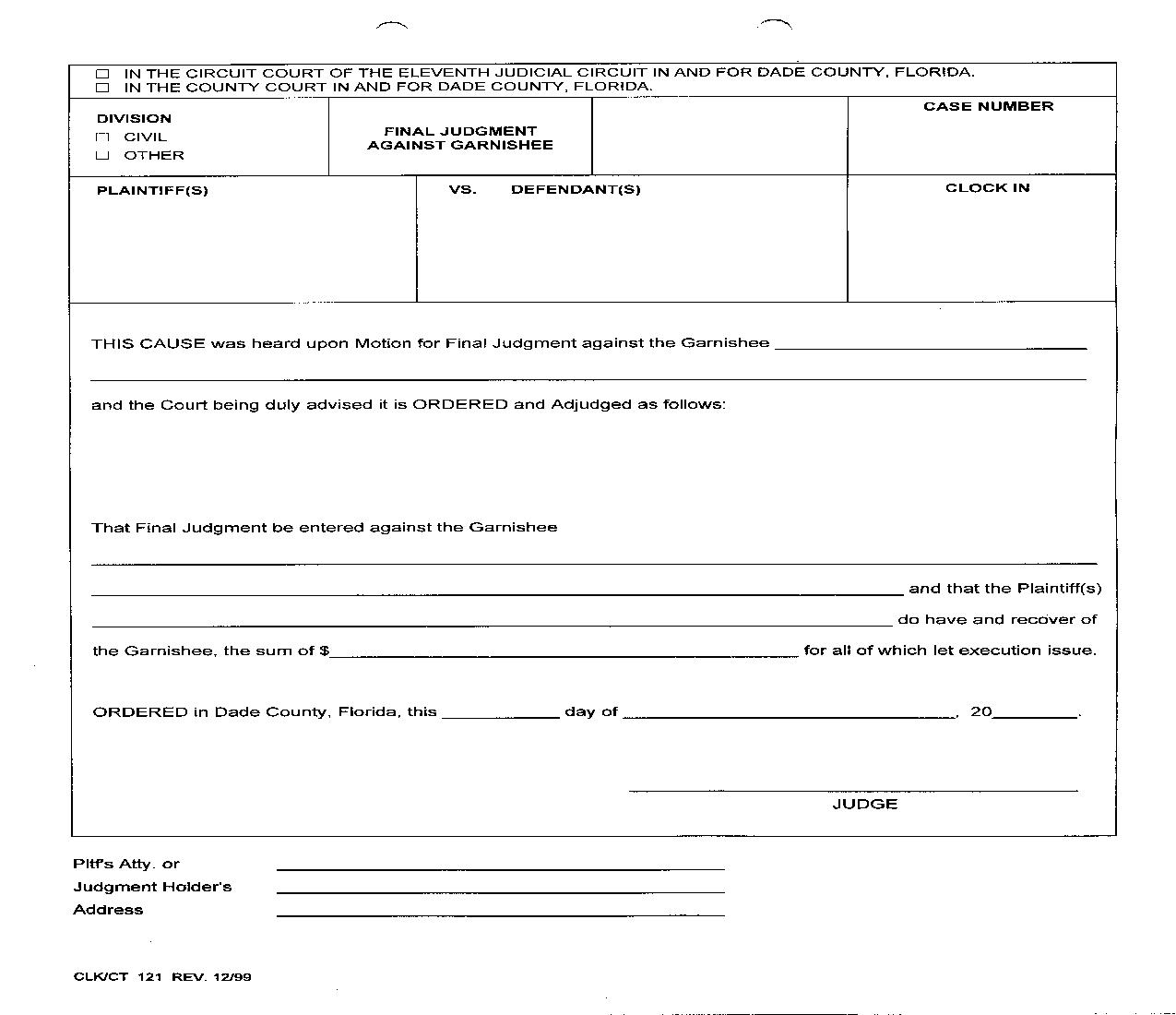 Final Judgment Against Garnishee {121} | Pdf Fpdf Doc Docx | Florida